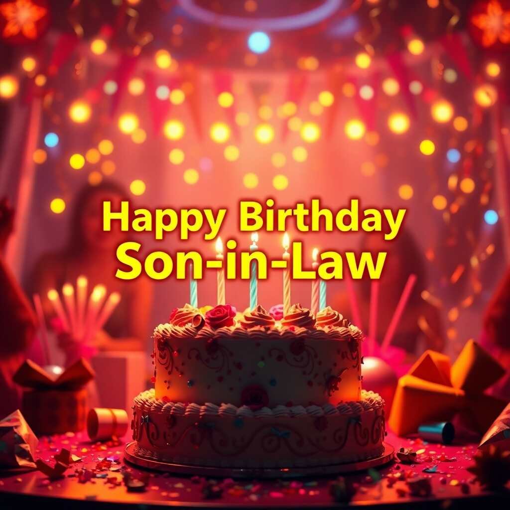 50+ Heartfelt Son in Law Birthday Pictures 11 A grand epic scene depicting a vibrant birthday celebration with a beautifully decorated cake lit candles party poppers and confetti. The background features a joyful atmosphere with soft glowin 1 son in law birthday pictures
