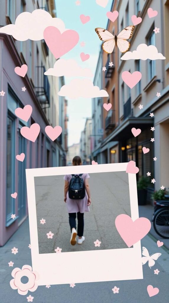 15+ Cute Girly Wallpapers for iPhone & Android Aesthetic HD 16 Candid street photography style girly wallpaper. Pastel pinks lavenders blues and peaches. Urban scenes spontaneous moments hearts clouds butterflies sparkles floral patterns Polaroid collag