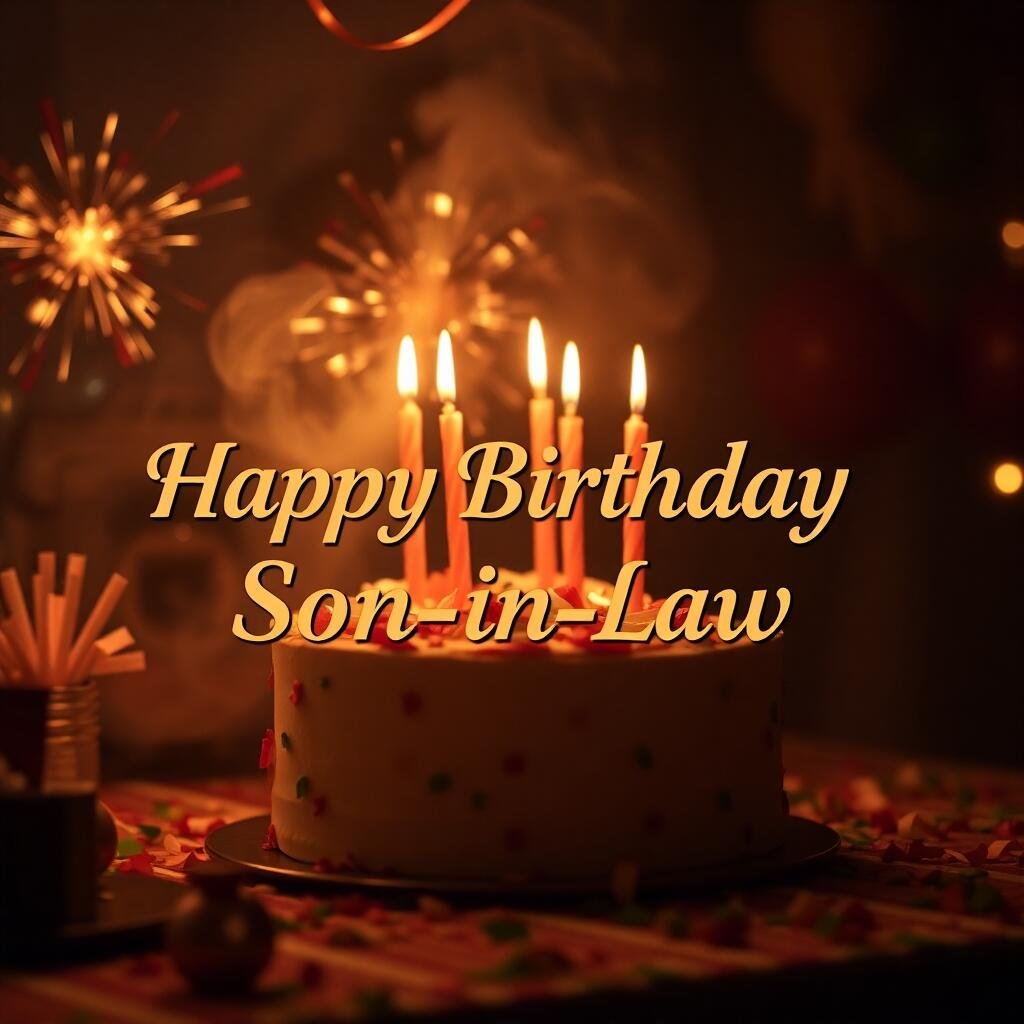 50+ Heartfelt Son in Law Birthday Pictures 24 Dreamy fine art photograph soft warm slightly dark tones. A birthday scene with a decorated cake candles poppers confetti and soft lights. Happy Birthday Son in Law in an elegant warm font 1 1 son in law birthday pictures