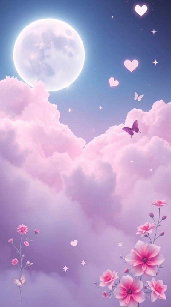 15+ Cute Girly Wallpapers for iPhone & Android Aesthetic HD 11 Epic futuristic scene lens glow lighting thick fog pastel pink lavender baby blue peach hearts clouds butterflies sparkles floral patterns Polaroid collage minimalist icons soft dreamy m