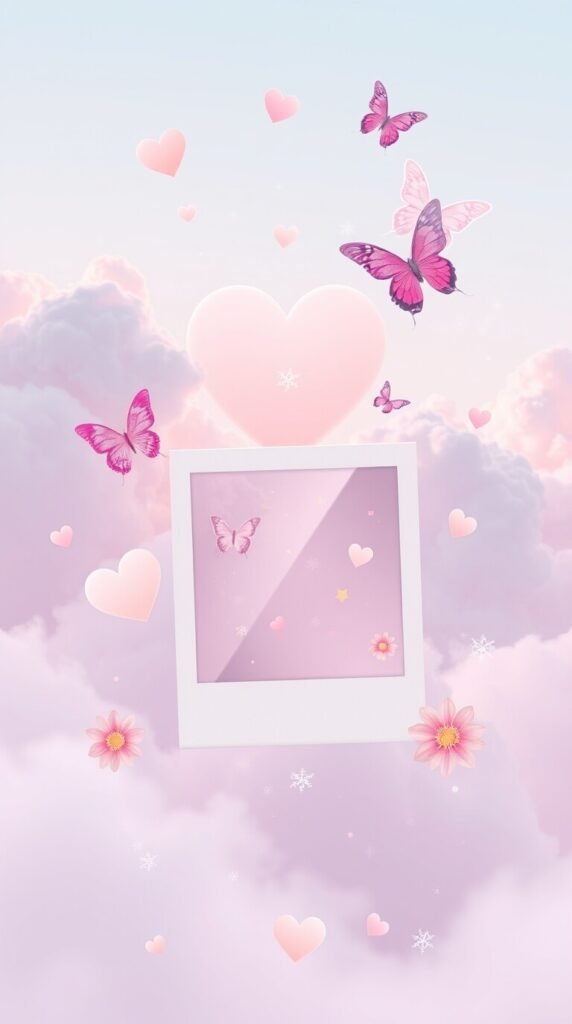 15+ Cute Girly Wallpapers for iPhone & Android Aesthetic HD 5 High contrast low key lighting futuristic sci fi style pastel pink lavender baby blue peach hearts clouds butterflies sparkles floral patterns Polaroid collage minimalist icons soft dream