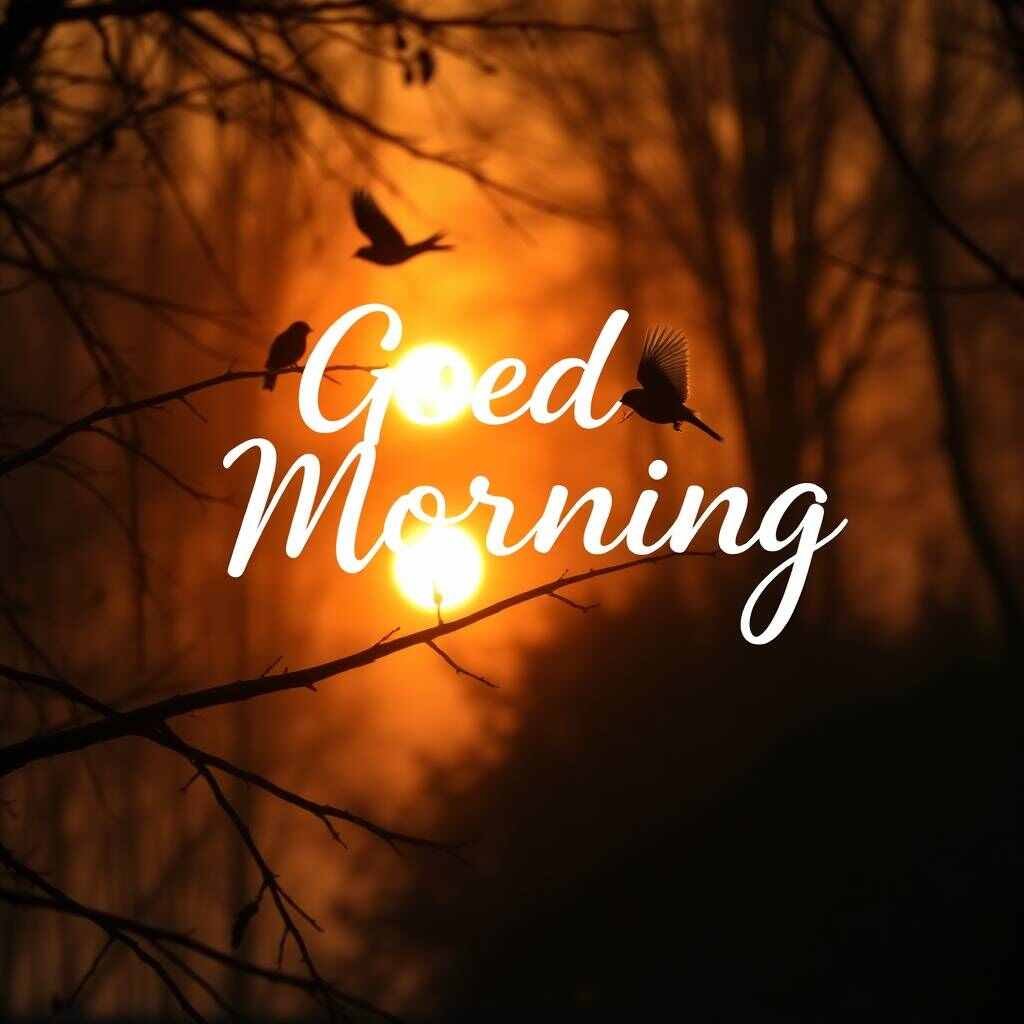 50+ Start Your Day with Stunning Good Morning Bird Images 6 High resolution stock photo high contrast low key lighting warm autumn colors. Serene morning scene Birds on branches flying near a lake. Soft golden sunrise warm hues. Cursive Good Morning overl good morning bird images