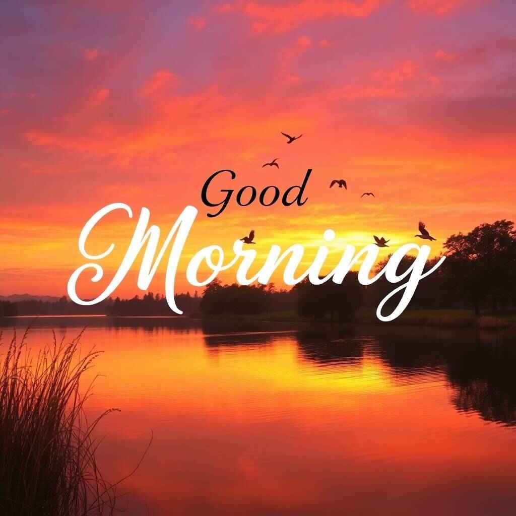 50+ Start Your Day with Stunning Good Morning Bird Images 7 High resolution stock photo warm reds oranges yellows Serene early morning scene soft golden sunrise colorful birds peaceful lake. Professional quality. Elegant cursive Good Morning overlay. Calm good morning bird images