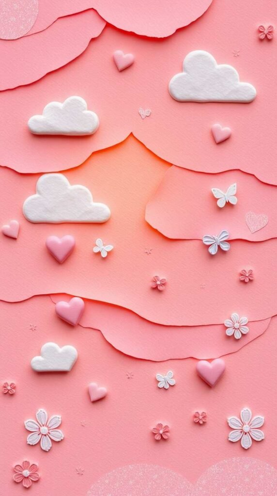 15+ Cute Girly Wallpapers for iPhone & Android Aesthetic HD 6 Layered papier mache texture warm golden glow pastel pink lavender baby blue peach hearts clouds butterflies sparkles floral patterns Polaroid collage minimalist icons soft dreamy moder