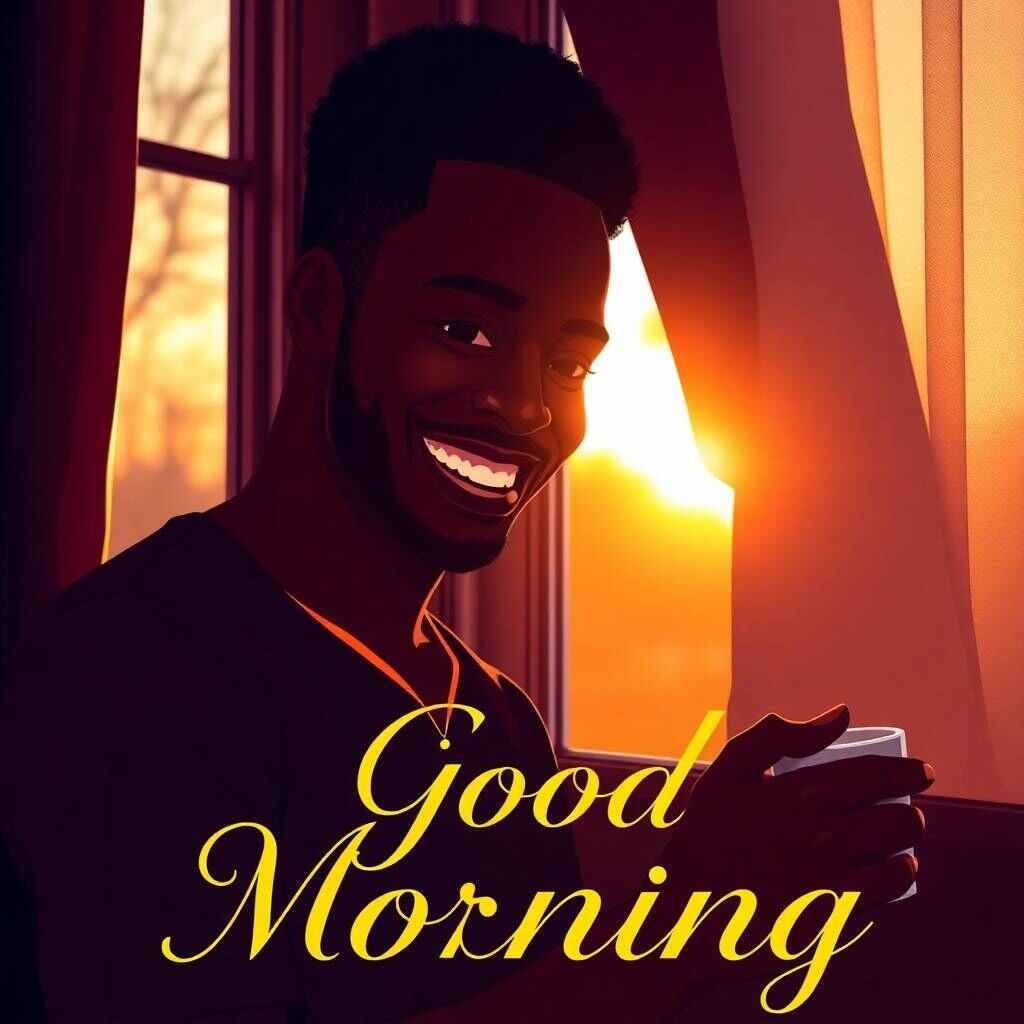 70+ African American Good Morning Images 44 Rich burgundy and deep blue. Heartwarming morning scene an African American person with refined features smiling joyfully enjoying coffee by a sunrise lit window. Golden hues soft sunlight. Elegan African American Good Morning Images