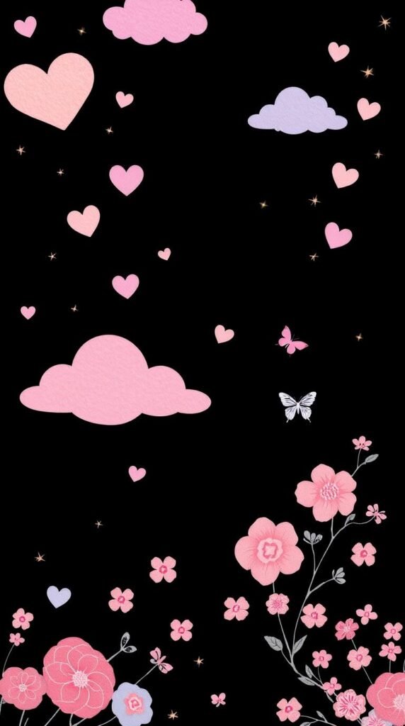 15+ Cute Girly Wallpapers for iPhone & Android Aesthetic HD 7 Soft dreamy atmosphere intense jet black background pastel pink lavender baby blue peach accents. Hearts clouds butterflies sparkles floral patterns vintage Polaroid collage elements minim
