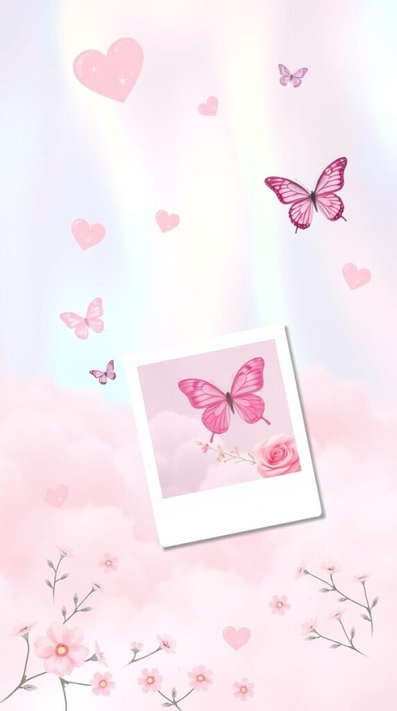 15+ Cute Girly Wallpapers for iPhone & Android Aesthetic HD 14 Soft dreamy atmosphere iridescent colors pastel pink lavender baby blue peach hearts clouds butterflies sparkles floral patterns Polaroid collage minimalist icons soft dreamy modern girly