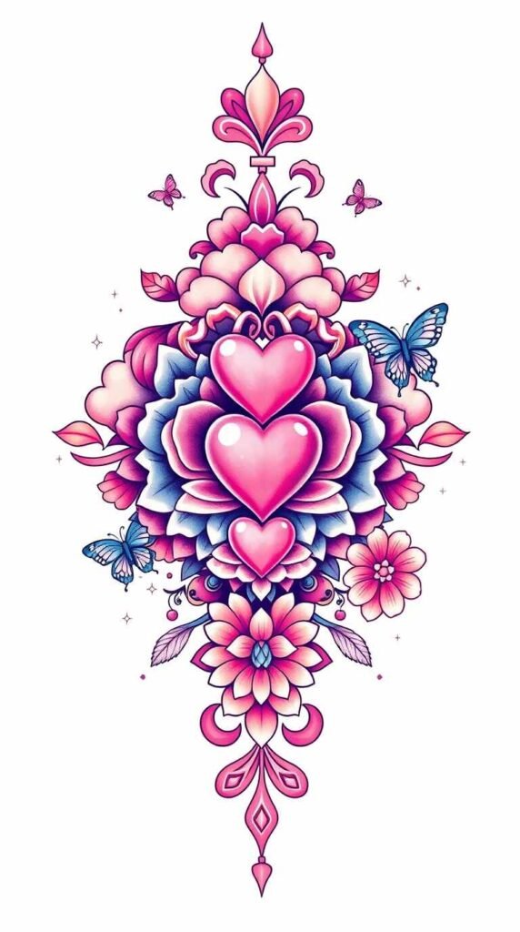15+ Cute Girly Wallpapers for iPhone & Android Aesthetic HD 8 Symbolic traditional tattoo art print high angle perspective vibrant pastel pink lavender baby blue peach. Complex ornamental design hearts clouds butterflies sparkles floral patterns retr