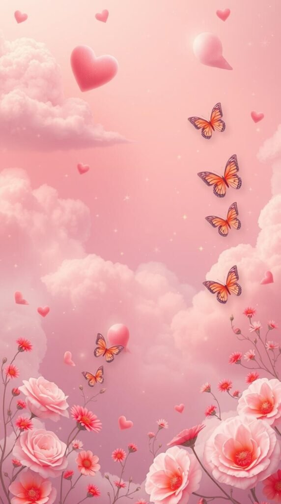 15+ Cute Girly Wallpapers for iPhone & Android Aesthetic HD 9 Warm dreamlike surreal imagery pastel pink lavender baby blue peach. Cute hearts dreamy clouds butterflies sparkles subtle gradients floral patterns vintage Polaroid vibe minimalistic icons