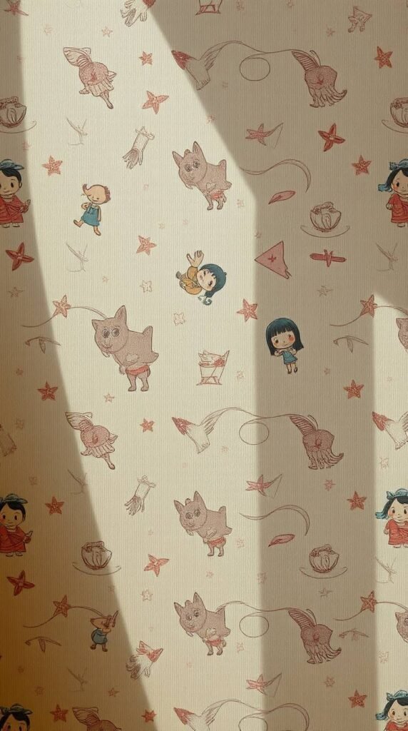 20+ Vintage Aesthetic iPhone Lockscreen Wallpapers for Dark & Moody Vibes 3 Cute vintage wallpaper with faded cartoon graphics soft textures light wear 90s aesthetic top down perspective direct harsh shadows strong hard light overhead birds eye view