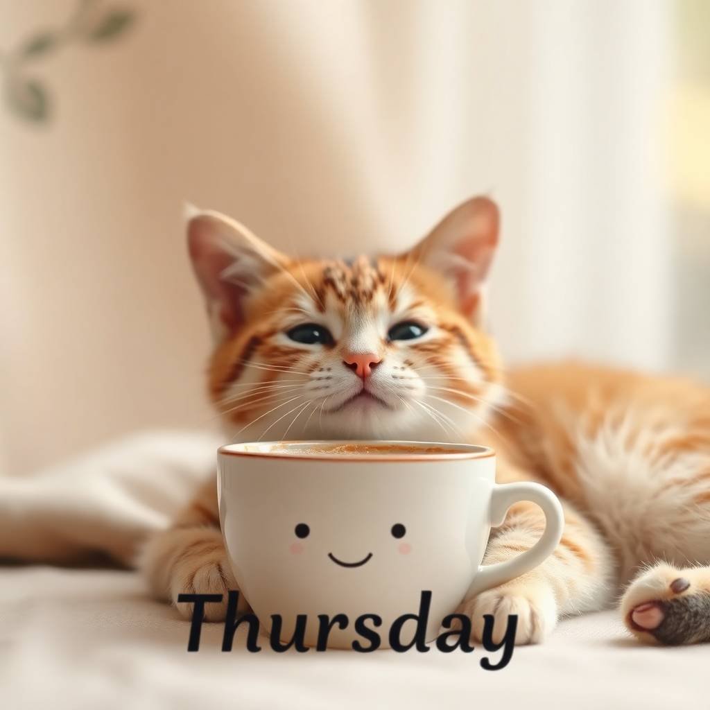 Natural earth tones soft cinematic haze cute smiling coffee cup and lazy cat on Thursday