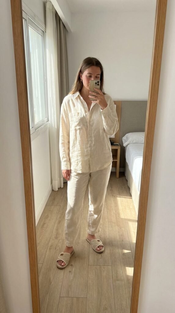 10 Airport Outfit Ideas for Summer I Actually Wear 6 5. Linen Set 202604161742