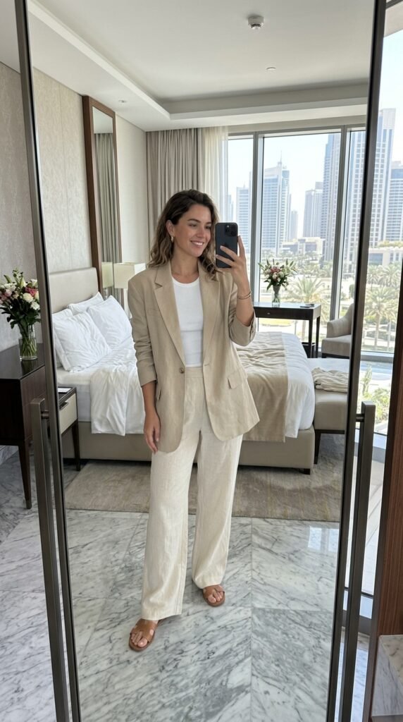 Girl wearing blazer tank trousers 202605090034
