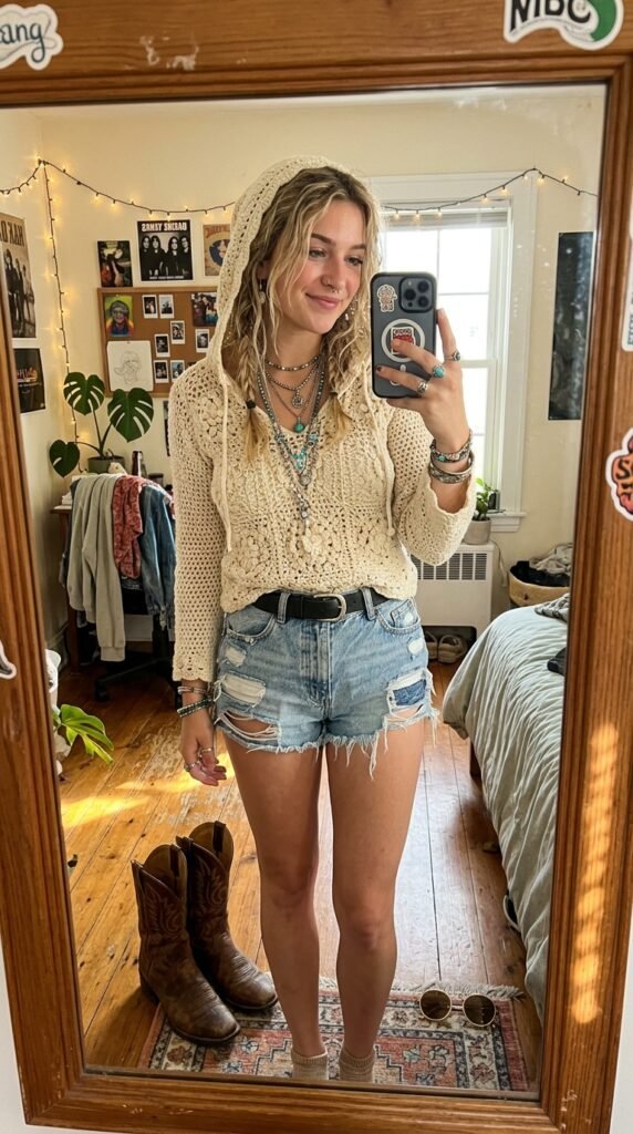 Girl wearing crochet top shorts 202605211452