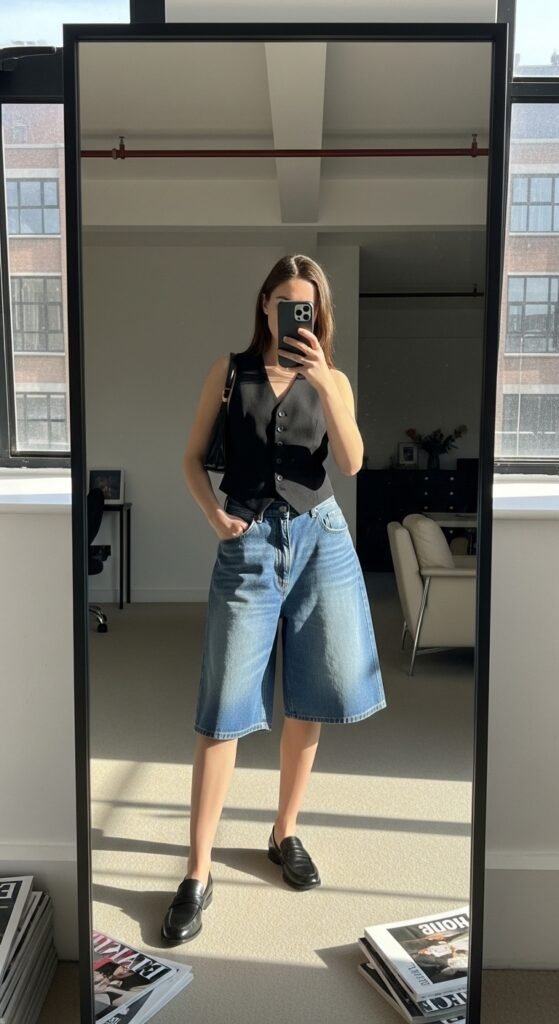 Girl wearing denim shorts waistcoat 202605172339