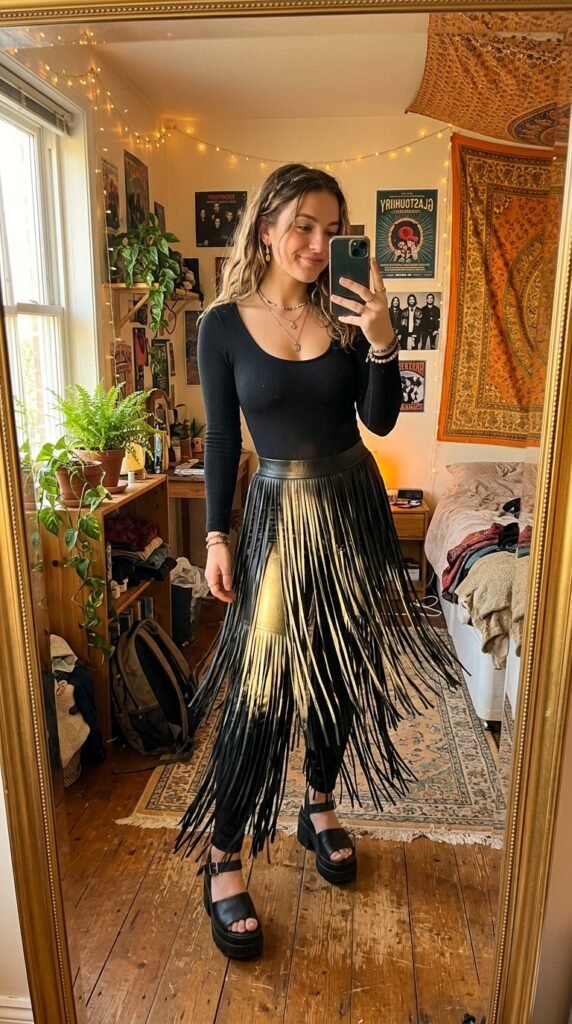 Girl wearing fringe pants bodysuit 202605211457