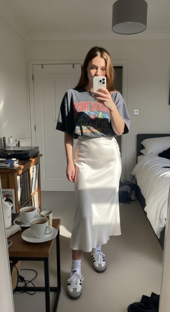 Girl wearing graphic tee skirt 202605172342