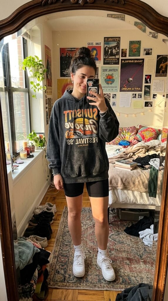 Girl wearing hoodie biker shorts 202605211501