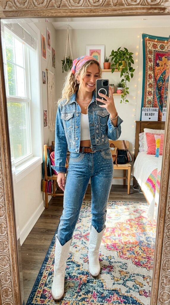 Girl wearing rhinestone denim set 202605211500