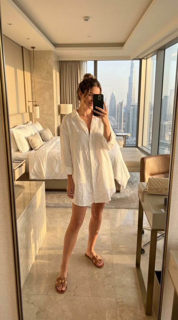 Girl wearing shirt dress sandals 202605090038
