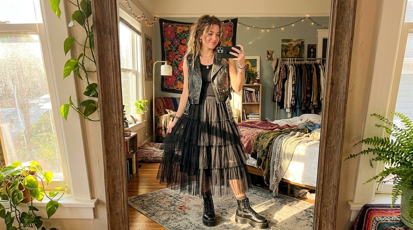 Girl wearing tulle skirt vest 202605211507