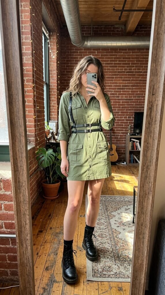 Girl wearing utility dress harness 202605211456