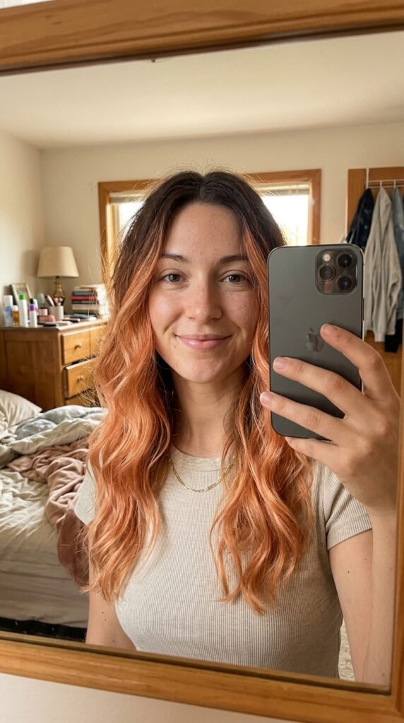 Peachy copper balayage selfie 202605141450