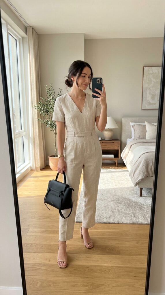 Woman in jumpsuit mirror selfie 202605160103