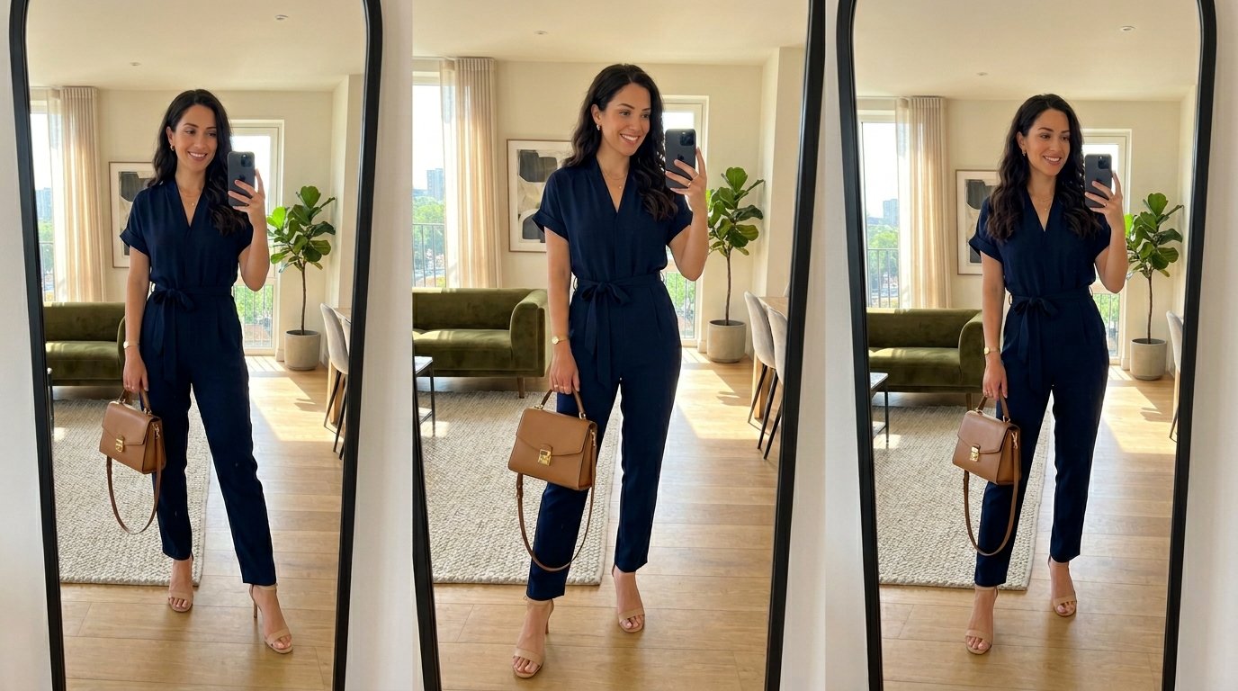 Woman in jumpsuit mirror selfie 202605160106