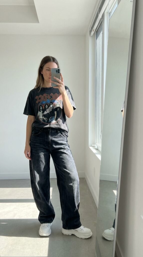 15 Jeans Summer Outfit Ideas That Are Stylish and Easy to Recreate 11 Woman wearing baggy jeans graphi… 202605311445
