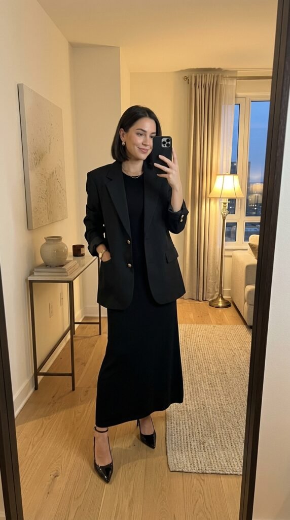 Woman wearing black maxi dress 202605160059
