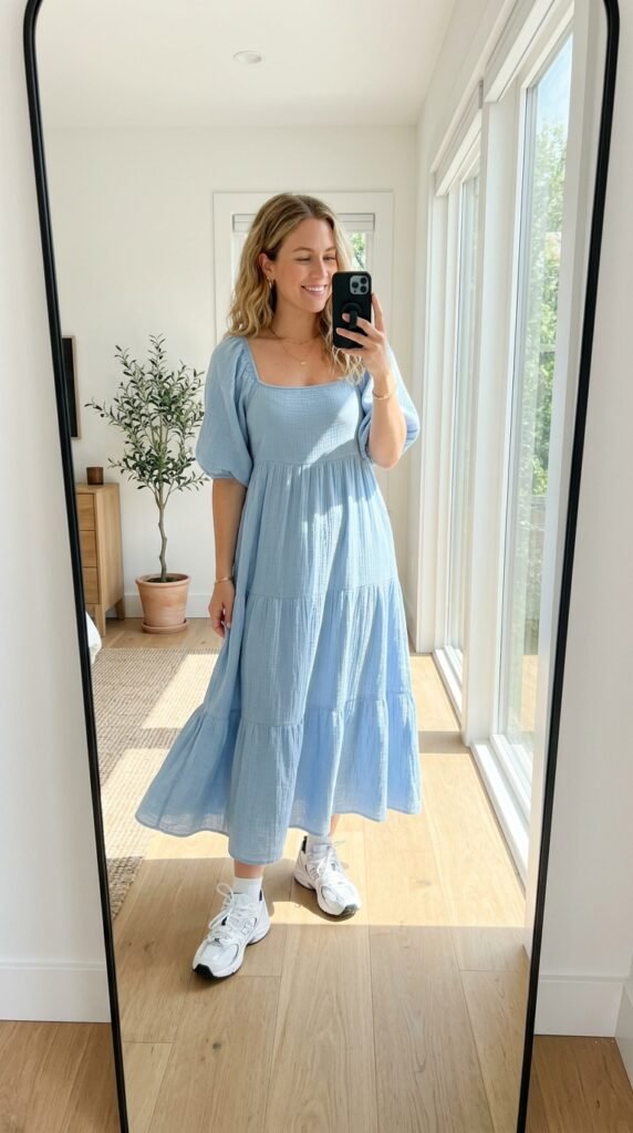 15 Blue Summer Dress Outfit Ideas I’d Actually Wear 4 Woman wearing blue dress sneakers 202605291544