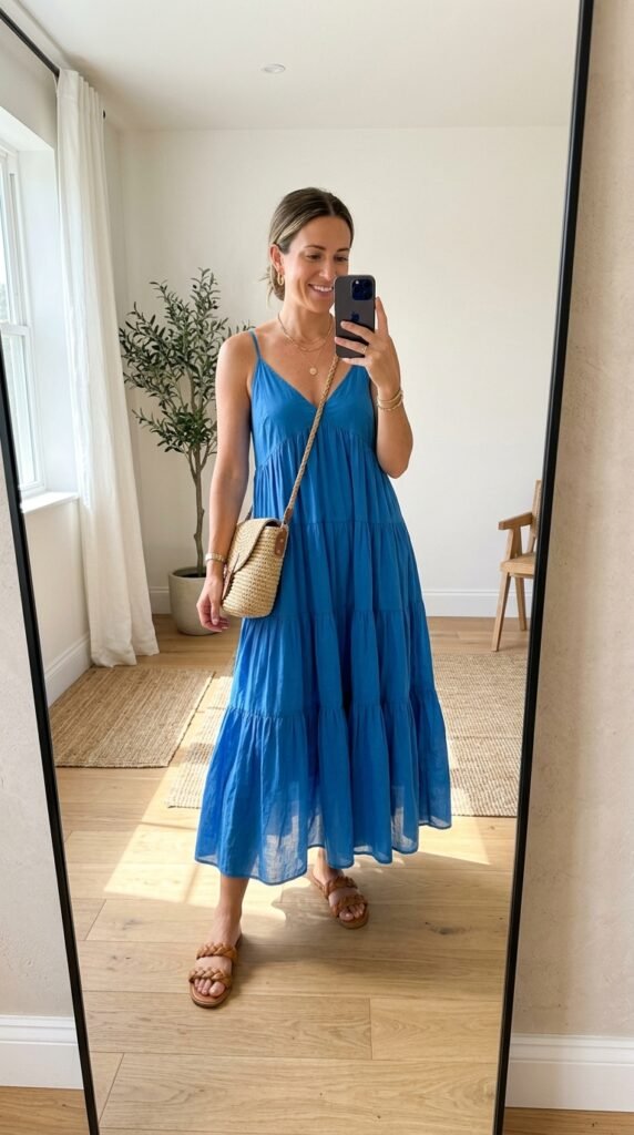 15 Blue Summer Dress Outfit Ideas I’d Actually Wear 13 Woman wearing blue dress straw 202605291555