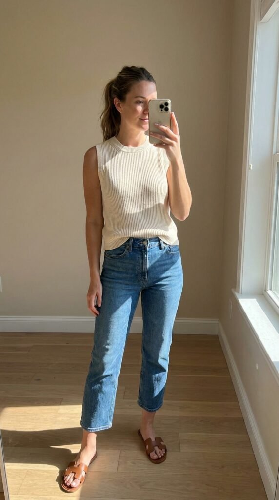 15 Jeans Summer Outfit Ideas That Are Stylish and Easy to Recreate 7 Woman wearing cropped jeans knit… 202605311442