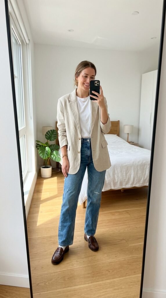 15 Jeans Summer Outfit Ideas That Are Stylish and Easy to Recreate 15 Woman wearing denim blazer loafers 202605311449