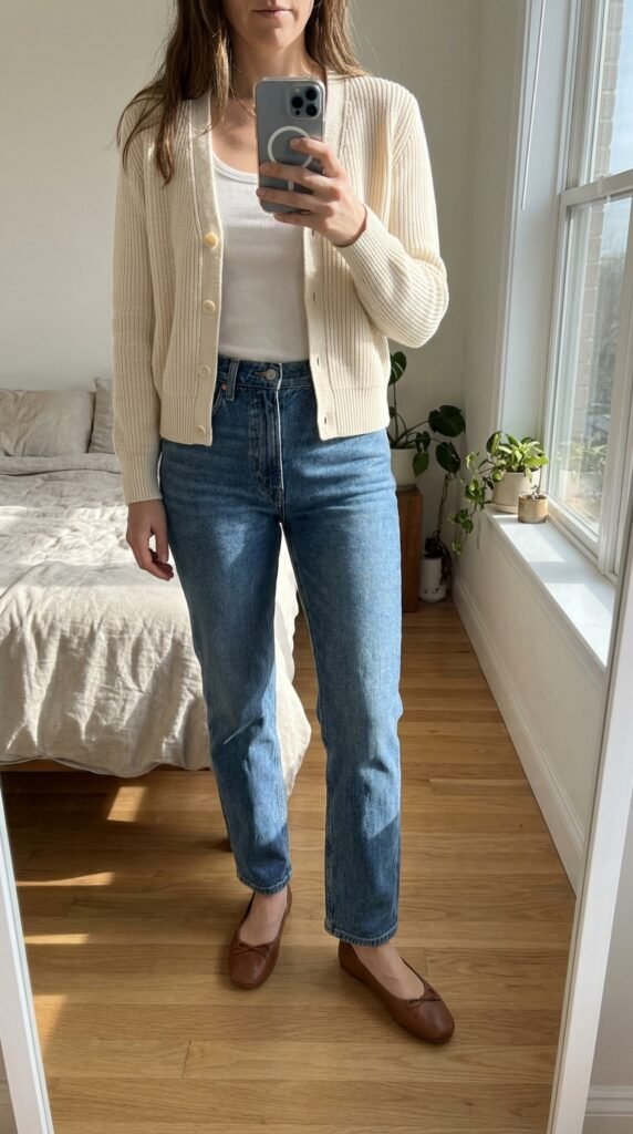 15 Jeans Summer Outfit Ideas That Are Stylish and Easy to Recreate 12 Woman wearing jeans and cardigan 202605311446