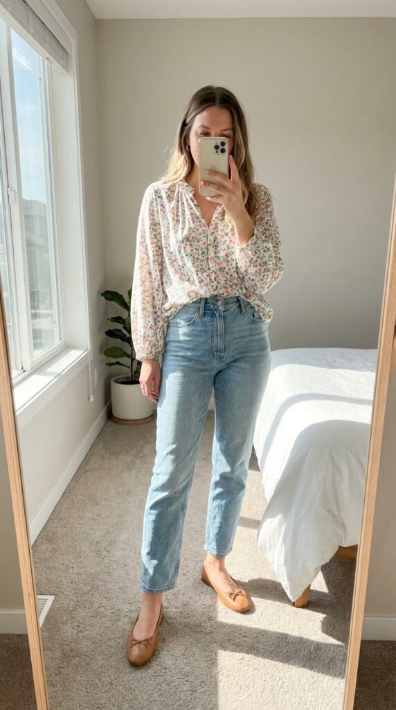 15 Jeans Summer Outfit Ideas That Are Stylish and Easy to Recreate 10 Woman wearing jeans floral blouse 202605311444
