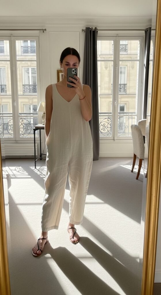 10 Paris Summer Outfit Ideas I’d Actually Wear 10 Woman wearing jumpsuit sandals 202605231757