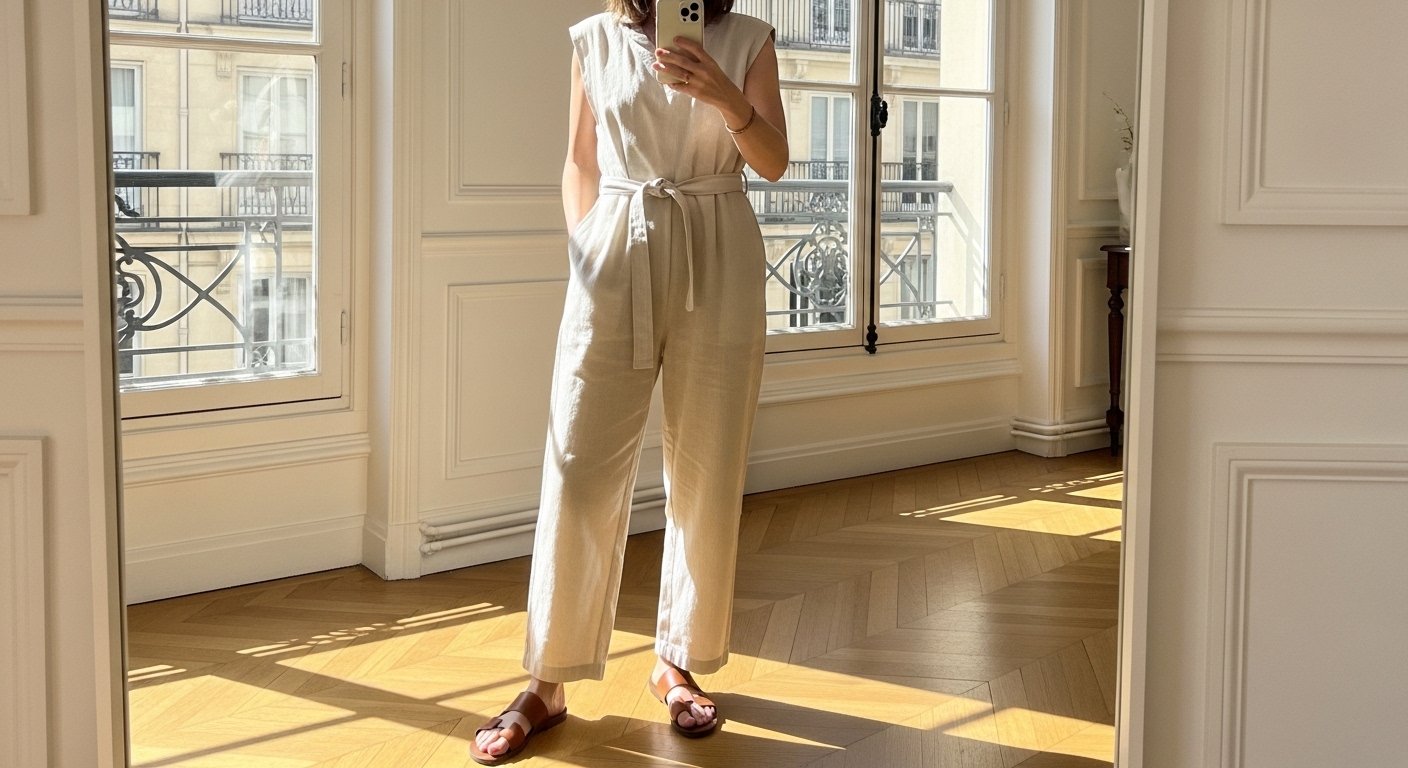 Woman wearing jumpsuit sandals 202605231759
