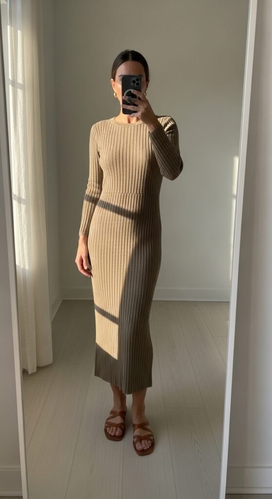 Woman wearing knit dress sandals 202605221915
