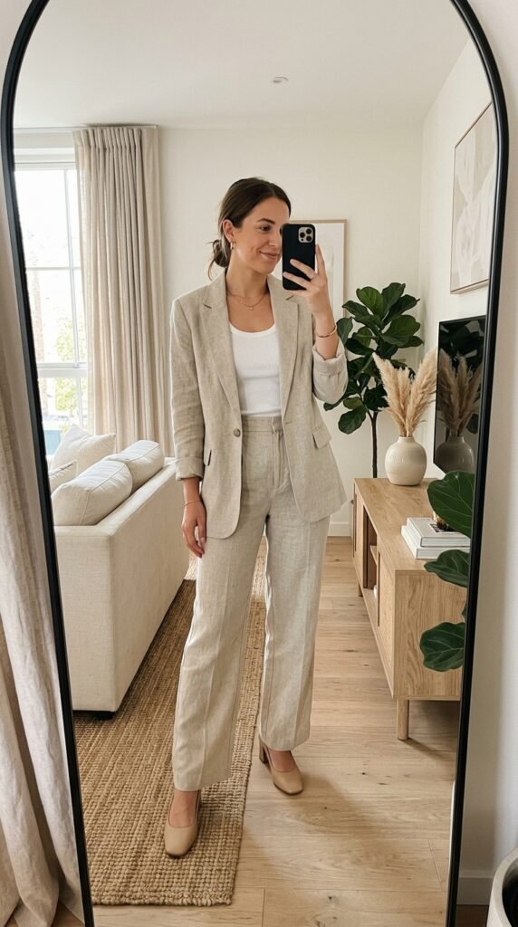 Woman wearing linen blazer outfit 202605160052