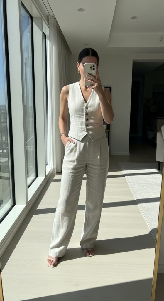 Woman wearing linen vest trousers 202605221917