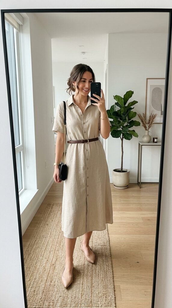 Woman wearing midi shirt dress 202605160102