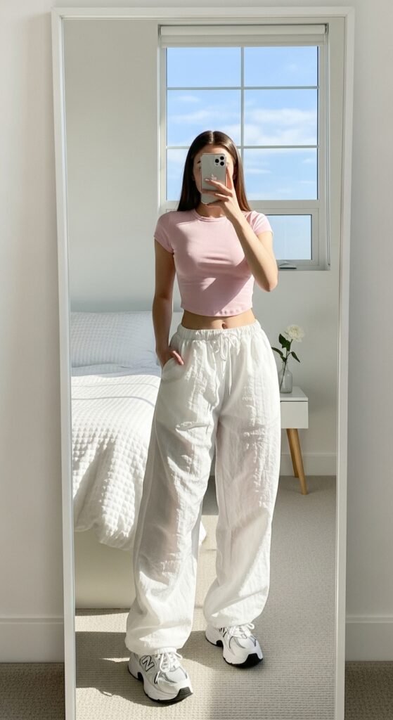 Woman wearing parachute pants ba… 202605251810
