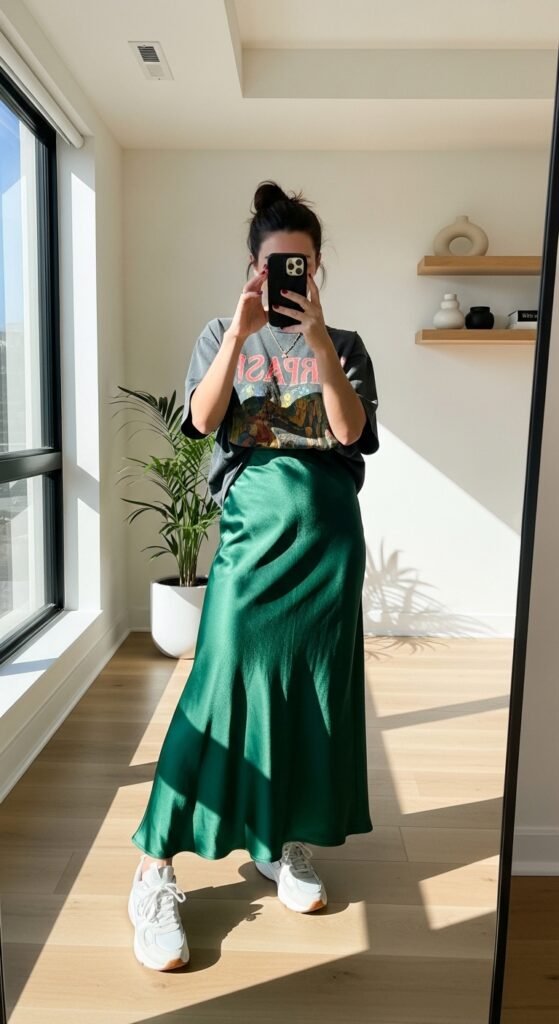 Woman wearing satin skirt graphi… 202605221913