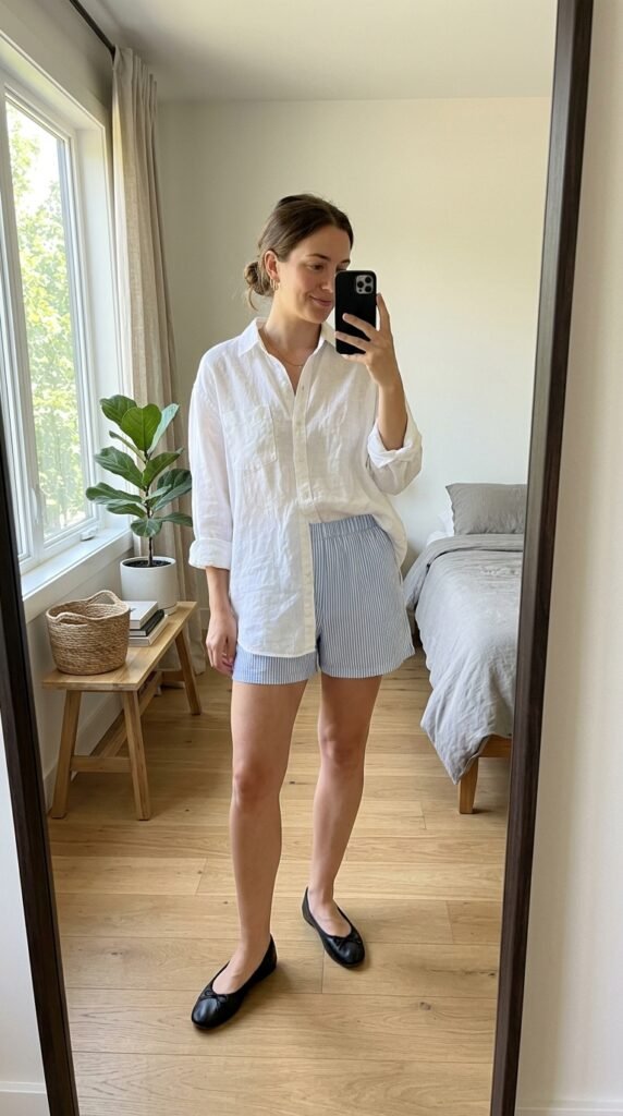 Woman wearing shirt boxer flats 202605221911