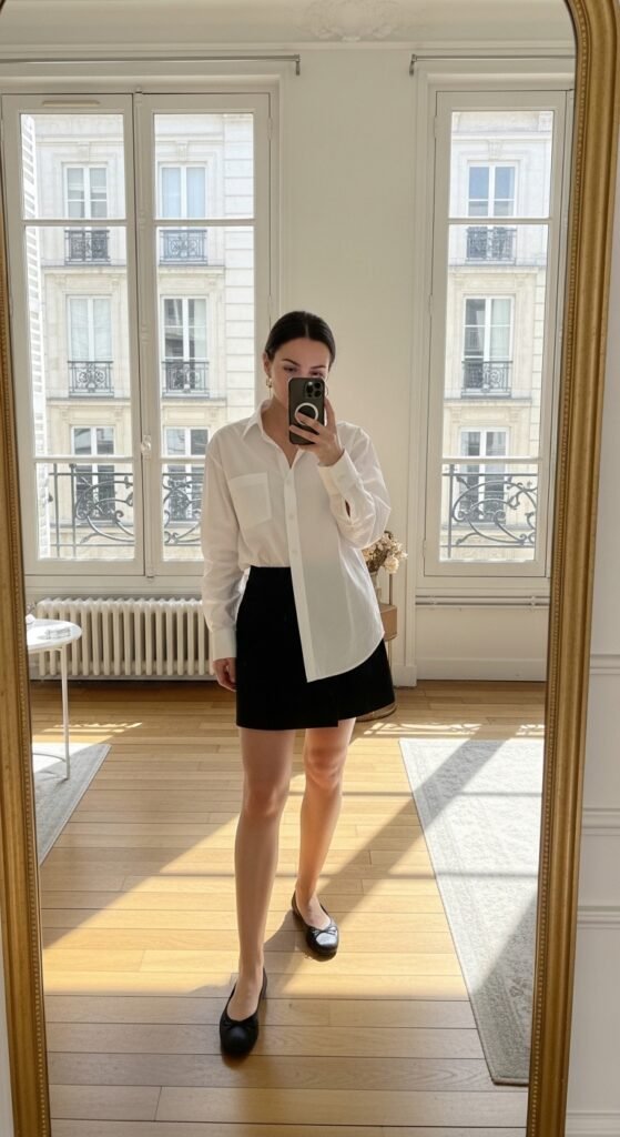 10 Paris Summer Outfit Ideas I’d Actually Wear 2 Woman wearing shirt skirt flats 202605231751