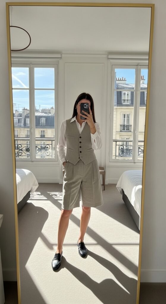 10 Paris Summer Outfit Ideas I’d Actually Wear 4 Woman wearing shorts and vest 202605231753