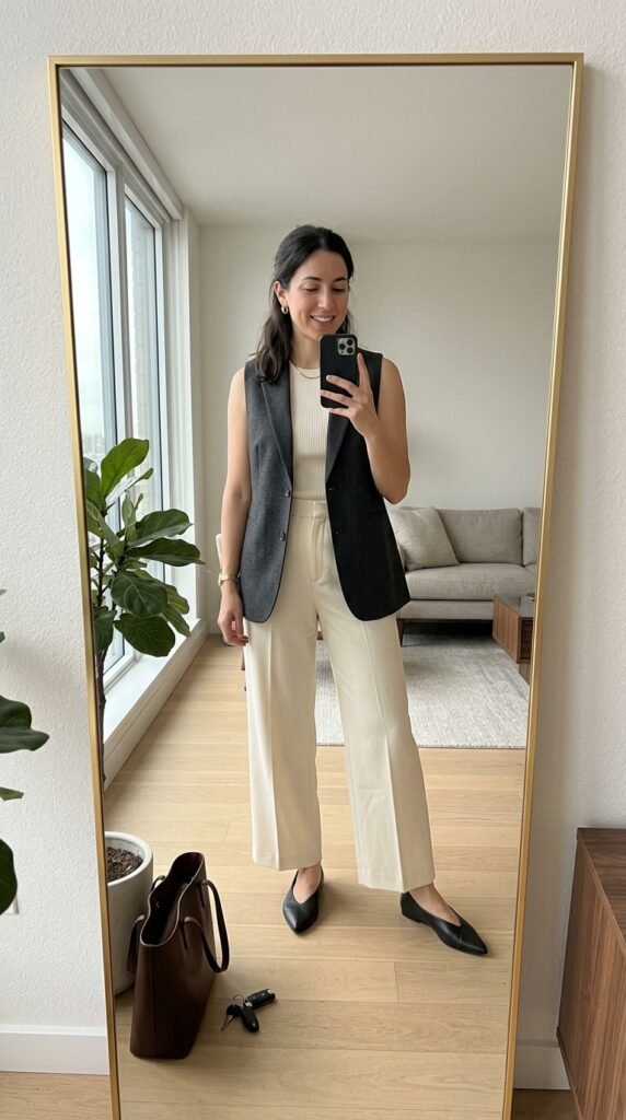 Woman wearing vest and trousers 202605160046