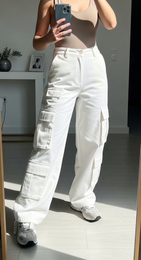 Woman wearing white cargo pants 202605251817